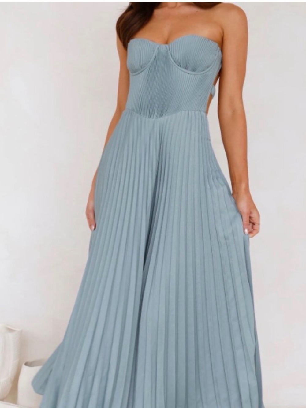 Hello Molly Strapless Pleated Maxi Dress in Dusty Blue